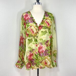 Soft Surrounding Chartreuse Floral Blouse XL Button Front Long Sleeves V-Neck